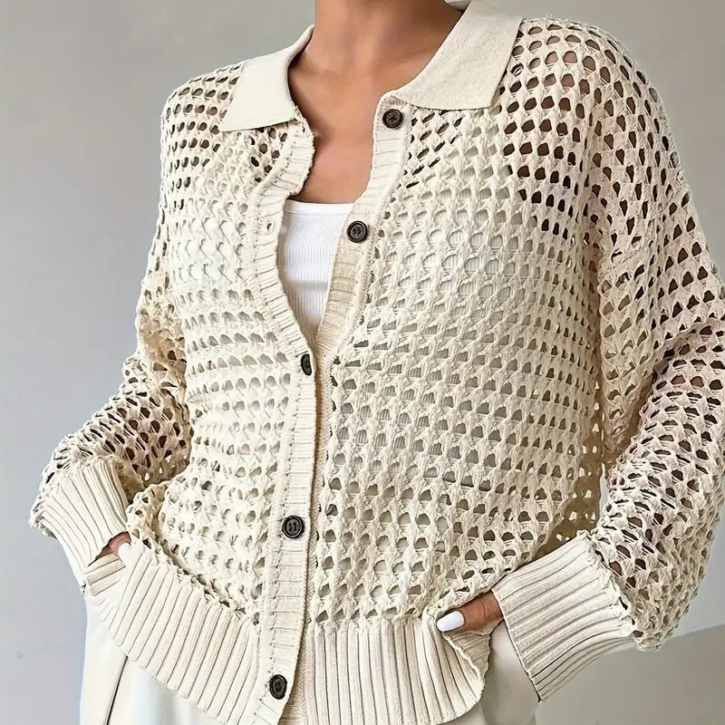 Hollow Single-breasted Lapel Oversized Knit Cardigan
