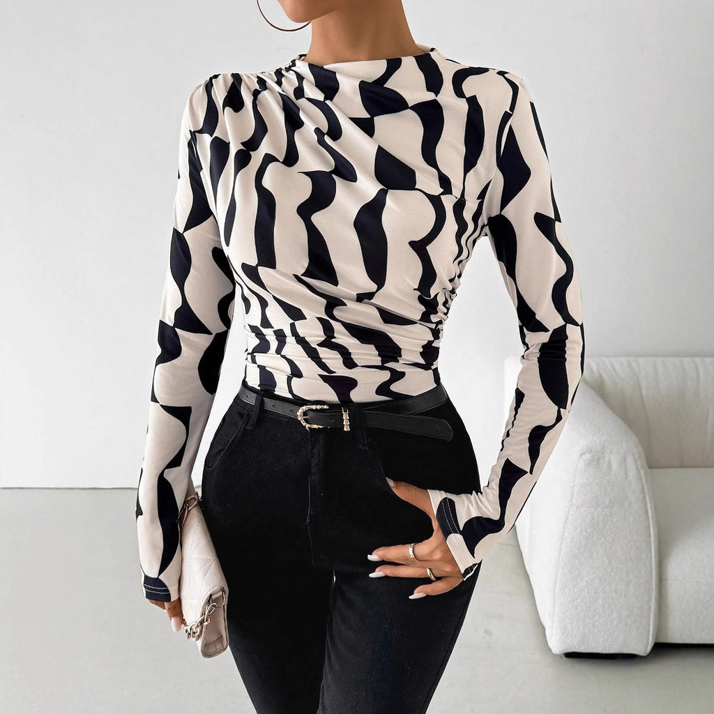 European And American Small Stand Collar Pleated Edge Printing Slim Fit Slimming Top Women
