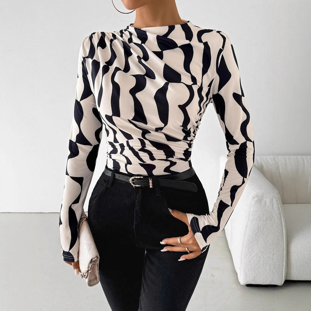 European And American Small Stand Collar Pleated Edge Printing Slim Fit Slimming Top Women