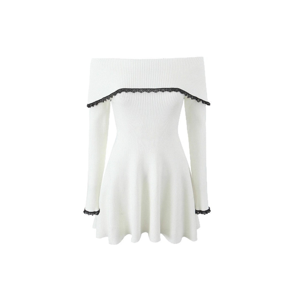 French Sexy Hot Girl Off-neck Lace Trim Knitted Slim-fit Sheath Dress
