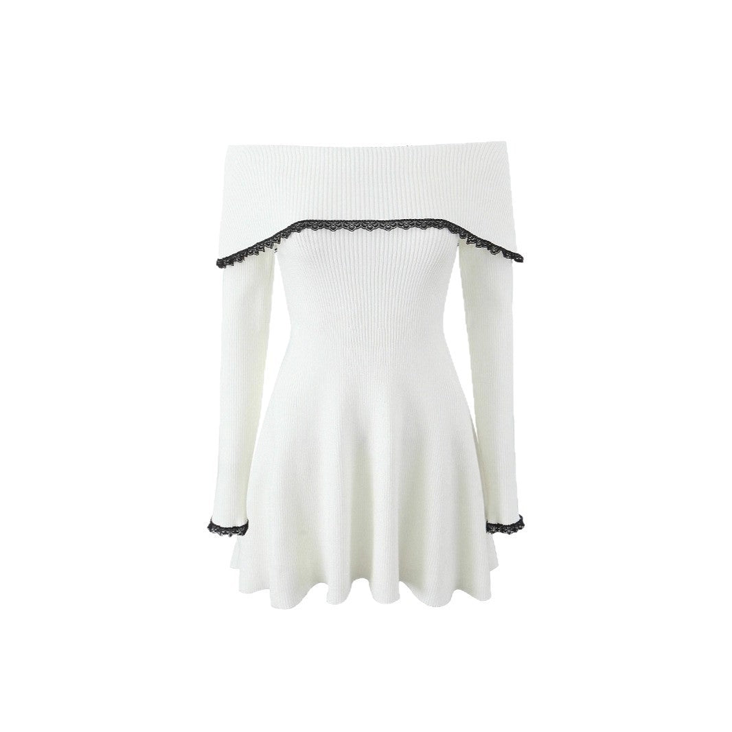 French Sexy Hot Girl Off-neck Lace Trim Knitted Slim-fit Sheath Dress