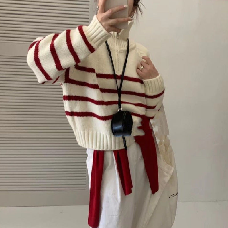 Korean Style Half Turtleneck Zipper Pullover Knitting Vintage Stripe Sweater