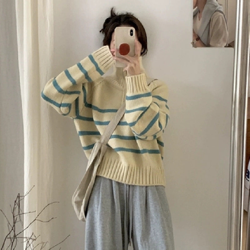 Korean Style Half Turtleneck Zipper Pullover Knitting Vintage Stripe Sweater