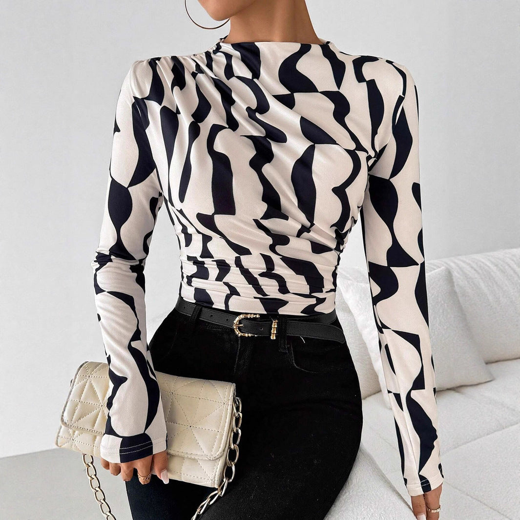 European And American Small Stand Collar Pleated Edge Printing Slim Fit Slimming Top Women