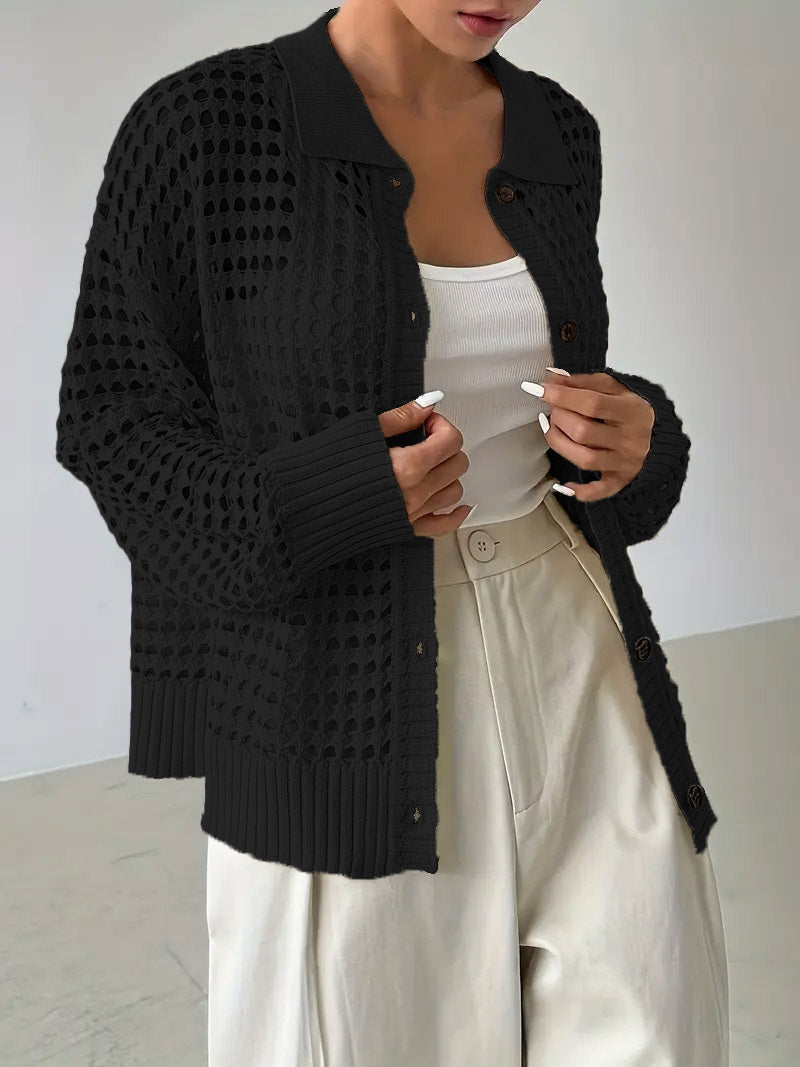 Hollow Single-breasted Lapel Oversized Knit Cardigan