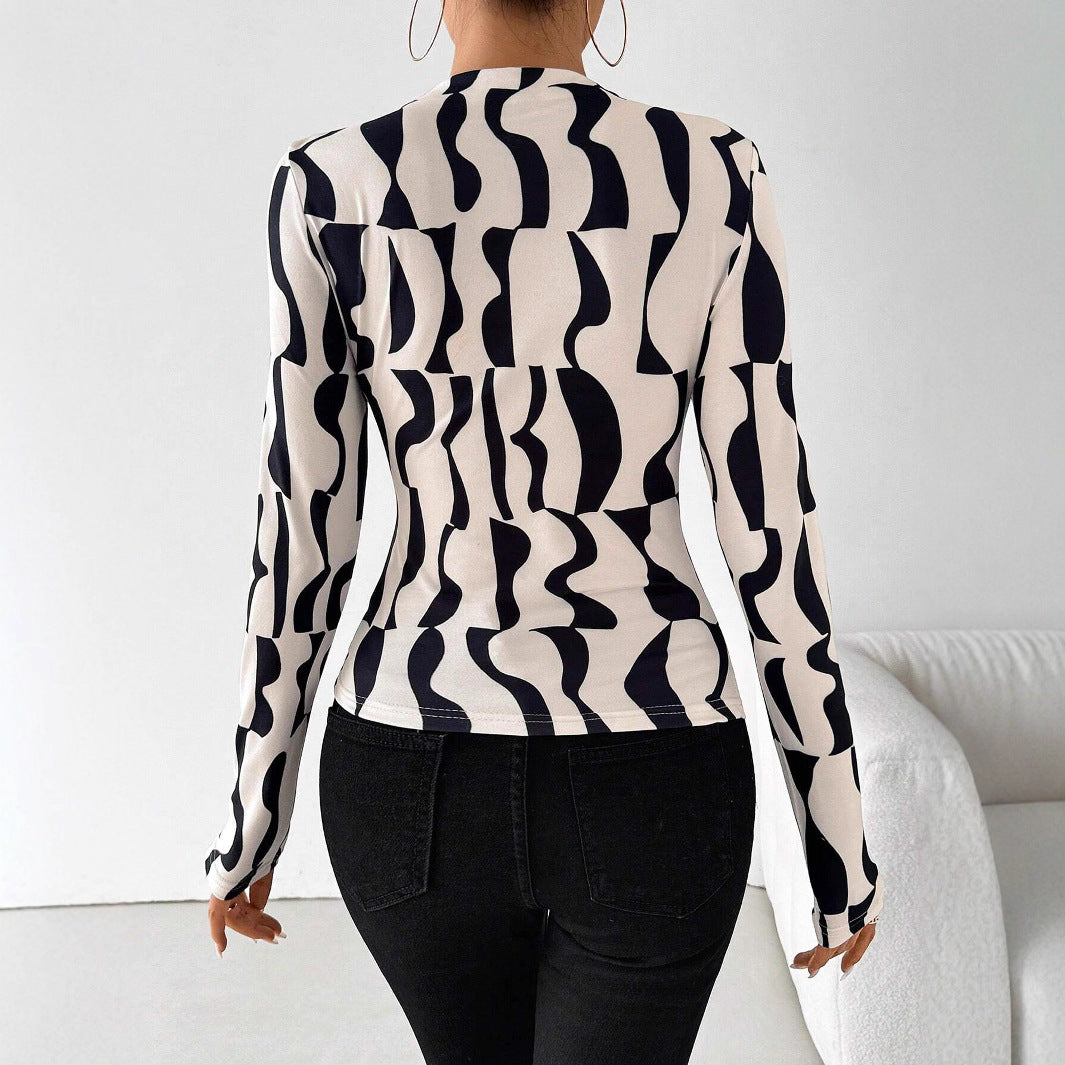 European And American Small Stand Collar Pleated Edge Printing Slim Fit Slimming Top Women