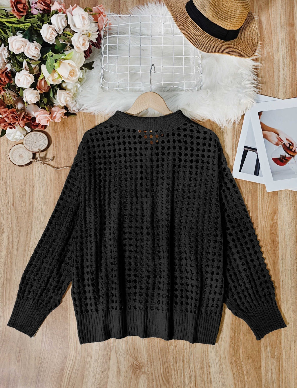 Hollow Single-breasted Lapel Oversized Knit Cardigan