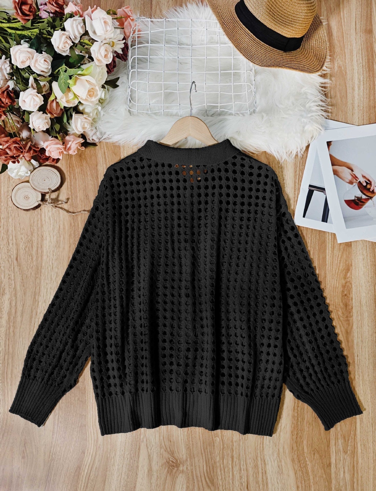 Hollow Single-breasted Lapel Oversized Knit Cardigan