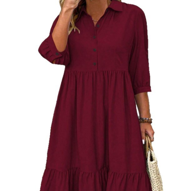 Solid Color Polo Collar Elastic Cuff Loose Dress