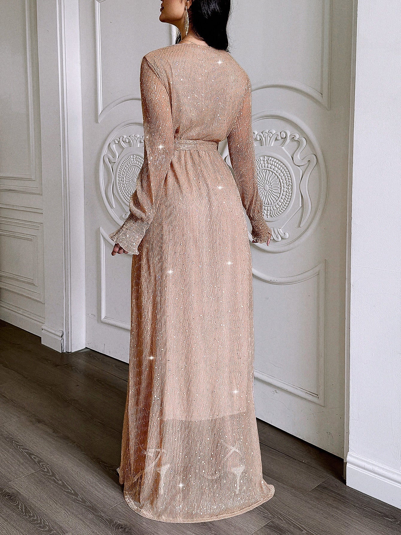 Elegant Holiday Long Sleeve Waist Dress Women's Clothing