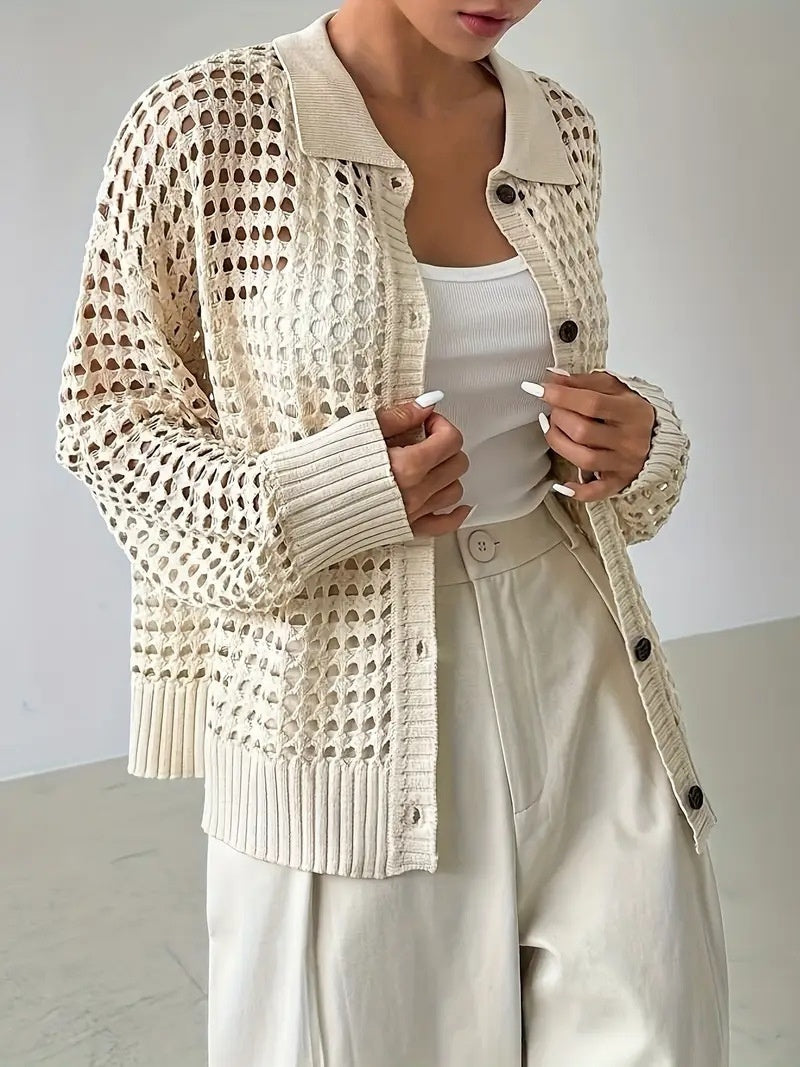 Hollow Single-breasted Lapel Oversized Knit Cardigan