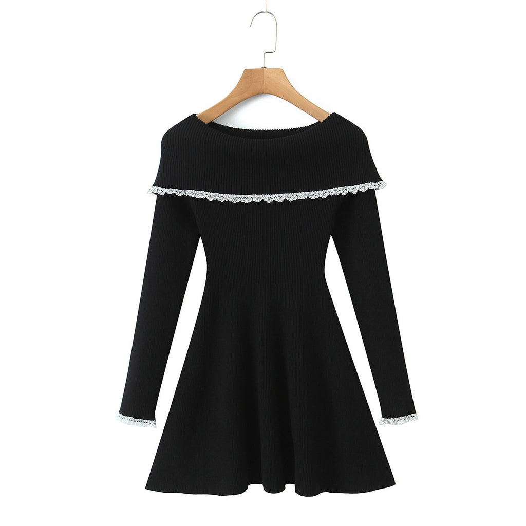French Sexy Hot Girl Off-neck Lace Trim Knitted Slim-fit Sheath Dress
