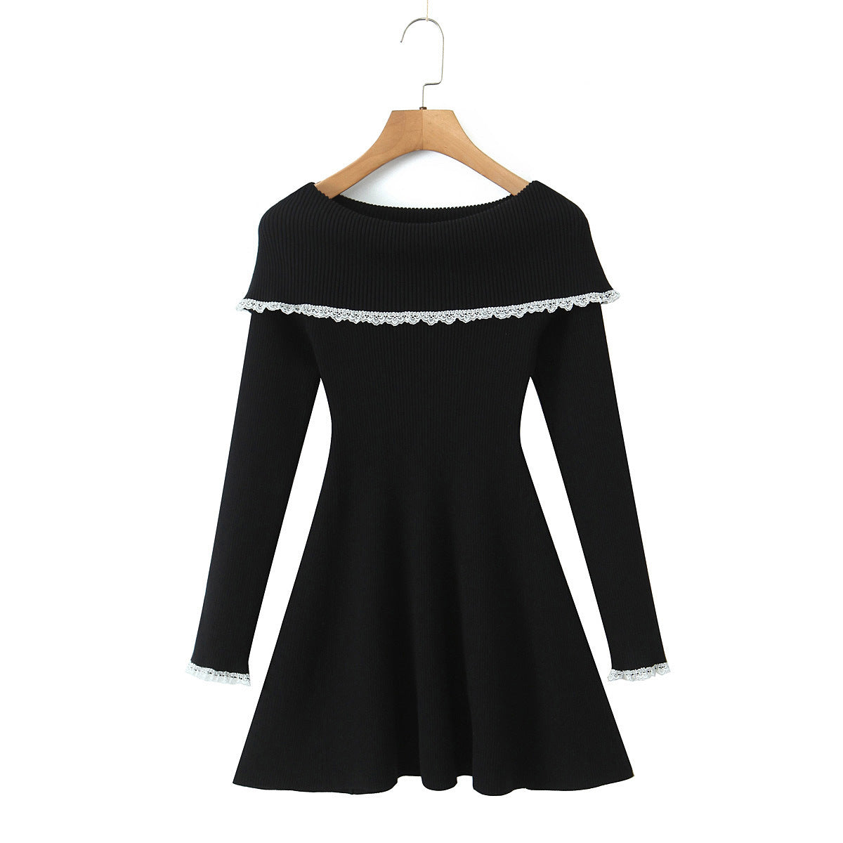 French Sexy Hot Girl Off-neck Lace Trim Knitted Slim-fit Sheath Dress